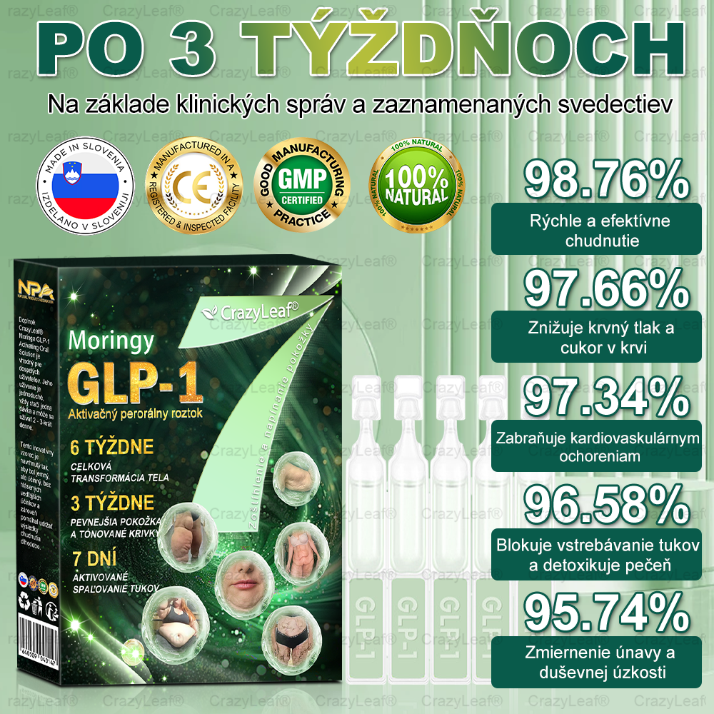 CrazyLeaf® Meglutide GLP-1 aktivačný perorálny roztok - Moringa • NAD+ • Yerba Maté - prírodná podpora chudnutia, proti starnutiu a metabolizmu cukru
