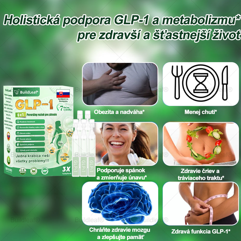 BuildLeaf® GLP-1 6-v-1 Health Solution Perorálna tekutina (Len raz denne, viditeľné zmeny už za 7 dní) Pre obezitu, kardiovaskulárne ochorenia, cukrovku, spánkové apnoe, zdravie čriev, problémy s kĺbmi a ďalšie