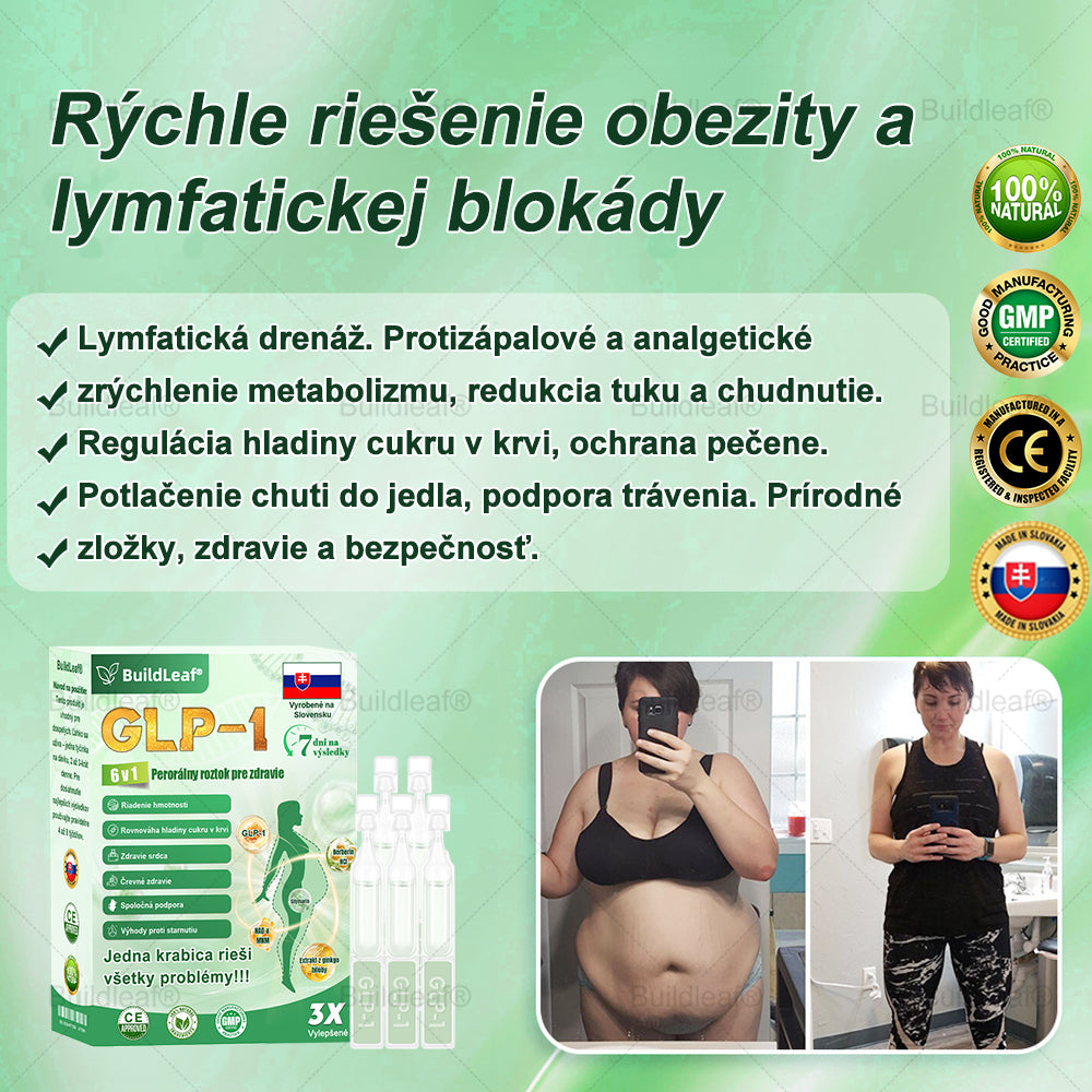 BuildLeaf® GLP-1 6-v-1 Health Solution Perorálna tekutina (Len raz denne, viditeľné zmeny už za 7 dní) Pre obezitu, kardiovaskulárne ochorenia, cukrovku, spánkové apnoe, zdravie čriev, problémy s kĺbmi a ďalšie
