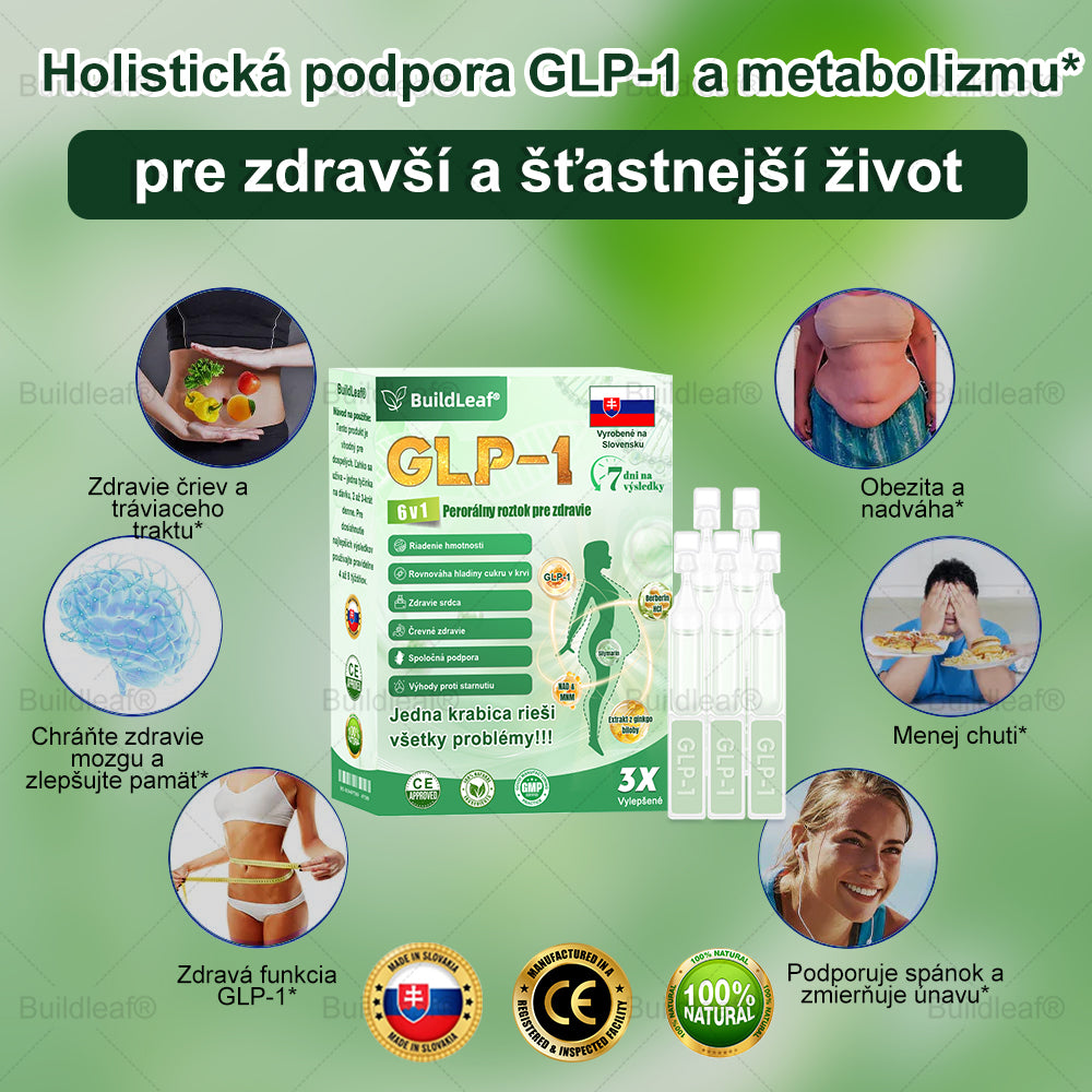 BuildLeaf® GLP-1 6-v-1 Health Solution Perorálna tekutina (Len raz denne, viditeľné zmeny už za 7 dní) Pre obezitu, kardiovaskulárne ochorenia, cukrovku, spánkové apnoe, zdravie čriev, problémy s kĺbmi a ďalšie