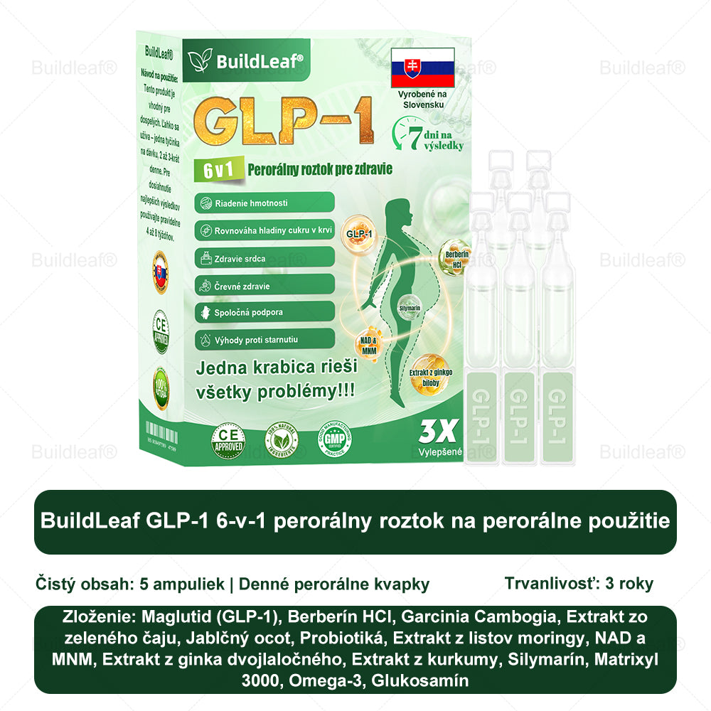 BuildLeaf® GLP-1 6-v-1 Health Solution Perorálna tekutina (Len raz denne, viditeľné zmeny už za 7 dní) Pre obezitu, kardiovaskulárne ochorenia, cukrovku, spánkové apnoe, zdravie čriev, problémy s kĺbmi a ďalšie