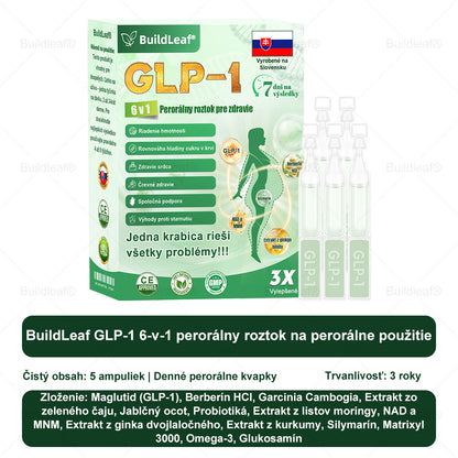 BuildLeaf® GLP-1 6-v-1 Health Solution Perorálna tekutina (Len raz denne, viditeľné zmeny už za 7 dní) Pre obezitu, kardiovaskulárne ochorenia, cukrovku, spánkové apnoe, zdravie čriev, problémy s kĺbmi a ďalšie