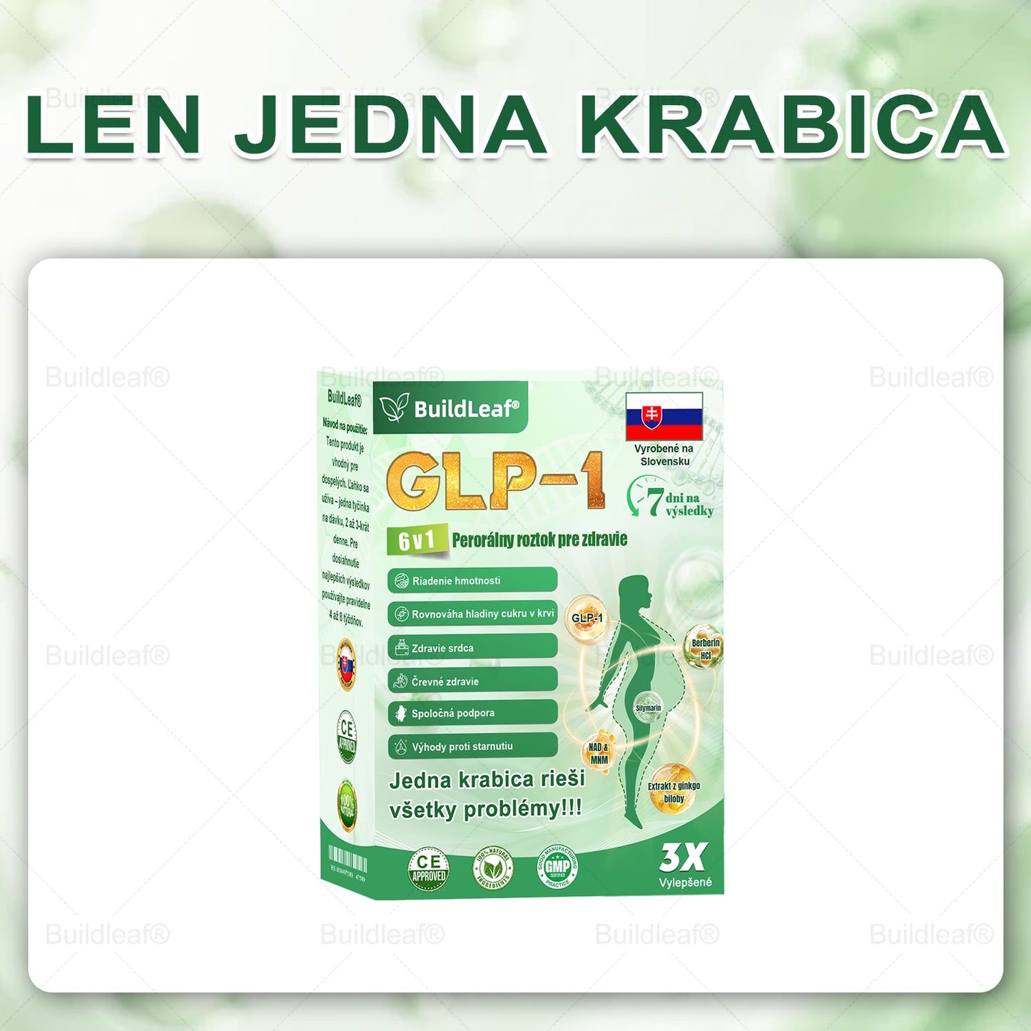 BuildLeaf® GLP-1 6-v-1 Health Solution Perorálna tekutina (Len raz denne, viditeľné zmeny už za 7 dní) Pre obezitu, kardiovaskulárne ochorenia, cukrovku, spánkové apnoe, zdravie čriev, problémy s kĺbmi a ďalšie