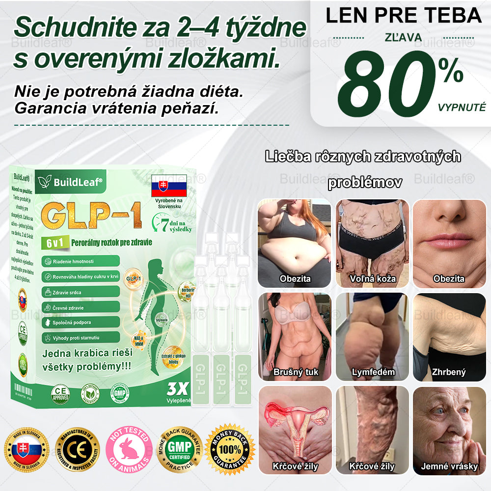 BuildLeaf® GLP-1 6-v-1 Health Solution Perorálna tekutina (Len raz denne, viditeľné zmeny už za 7 dní) Pre obezitu, kardiovaskulárne ochorenia, cukrovku, spánkové apnoe, zdravie čriev, problémy s kĺbmi a ďalšie