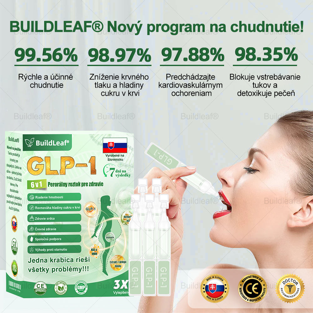 BuildLeaf® GLP-1 6-v-1 Health Solution Perorálna tekutina (Len raz denne, viditeľné zmeny už za 7 dní) Pre obezitu, kardiovaskulárne ochorenia, cukrovku, spánkové apnoe, zdravie čriev, problémy s kĺbmi a ďalšie