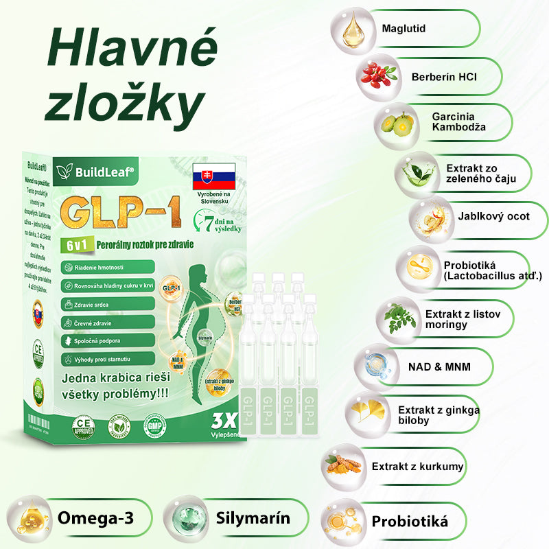 BuildLeaf® GLP-1 6-v-1 Health Solution Perorálna tekutina (Len raz denne, viditeľné zmeny už za 7 dní) Pre obezitu, kardiovaskulárne ochorenia, cukrovku, spánkové apnoe, zdravie čriev, problémy s kĺbmi a ďalšie