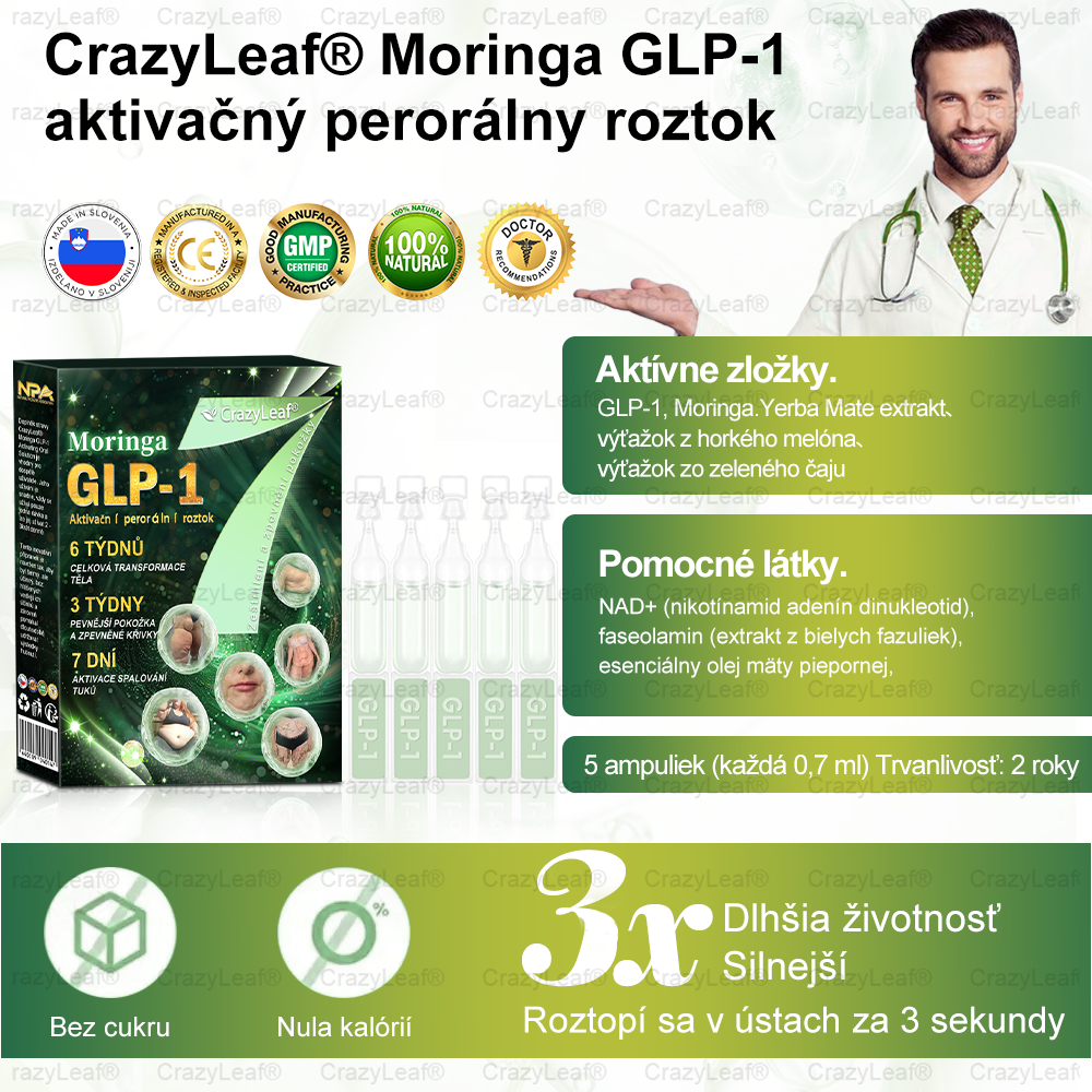 CrazyLeaf® Meglutide GLP-1 aktivačný perorálny roztok - Moringa • NAD+ • Yerba Maté - prírodná podpora chudnutia, proti starnutiu a metabolizmu cukru