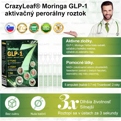 CrazyLeaf® Meglutide GLP-1 aktivačný perorálny roztok - Moringa • NAD+ • Yerba Maté - prírodná podpora chudnutia, proti starnutiu a metabolizmu cukru